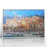 Mid-century modernist art depicting a serene South France landscape on a white framed acrylic, with soft pastel shades.