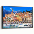 Black and white wall art featuring a vintage poster of a south France landscape on framed canvas, ideal for bedroom decor.