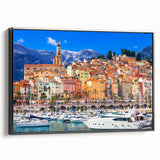 Black and white wall art featuring a vintage poster of a south France landscape on framed canvas, ideal for bedroom decor.