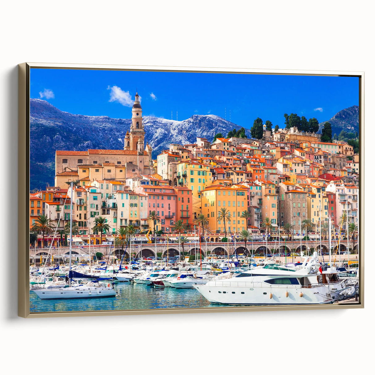 Framed canvas of a vintage-style landscape painting featuring the southern French countryside in muted earth tones.