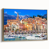 Framed canvas of a vintage-style landscape painting featuring the southern French countryside in muted earth tones.