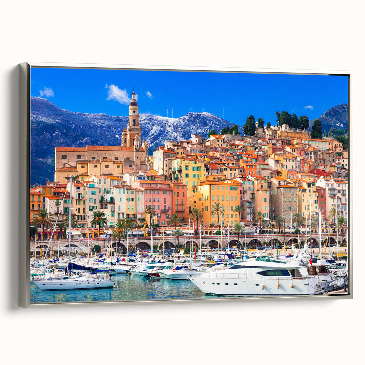 Framed canvas featuring a vintage-style landscape art painting of a southern France scenery in colorful hues.