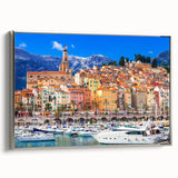Framed canvas featuring a vintage-style landscape art painting of a southern France scenery in colorful hues.