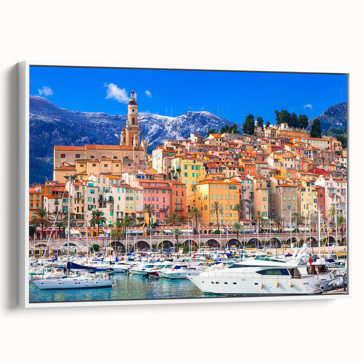 Vintage poster art of a scenic French town, using vibrant colors on extra large framed canvas, ideal for living room decor.
