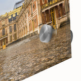 Large abstract wall art of Versailles scenery in muted greens and blues on acrylic glass, ideal for dining room art.