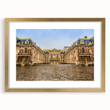 Abstract art print of Versailles scenery in gold frame, subdued earth tones, ideal for dining room decor.