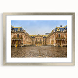 Extra large abstract art print of Versailles scenery in muted earth tones, framed in silver, ideal for living room decor.
