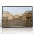 Large abstract wall art featuring a mid-century modernist depiction of the Versailles scenery in muted tones.