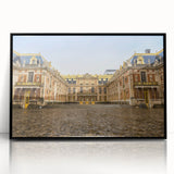 Large abstract wall art featuring a mid-century modernist depiction of the Versailles scenery in muted tones.