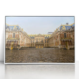 Mid-century modernist art of Versailles scenery in muted pastel shades on a framed acrylic, ideal for nursery wall art.