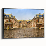 Black and white wall art of the Versailles gardens on framed canvas, ideal for bedroom decor.