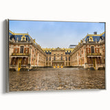 Landscape art painting of Versailles gardens in muted greens and blues on a framed canvas.