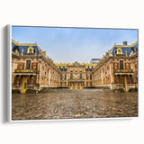 Vintage poster art of Versailles scenery on framed canvas, in muted colors, ideal for living room decor.