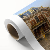 Art Deco poster of Versailles scenery on rolled canvas, in muted pastel shades.