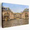 Side view of a large stretched canvas featuring a detailed scene of the Versailles Palace in muted earth tones.