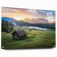 Acrylic print of a Bavarian landscape in muted green and blue tones, suitable for bedroom or dining room decor.