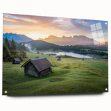 Acrylic print of a Bavarian landscape in muted green and blue tones, suitable for bedroom or dining room decor.