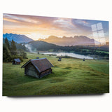 Acrylic print of a Bavarian landscape in soft blues and greens, suitable for bedroom or dining room decor.