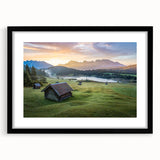 Colorful abstract art print of a Bavarian landscape on textured canvas, framed in black, ideal for living room decor.