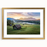 Abstract art print of a Bavarian landscape in muted earth tones on a framed canvas, ideal for dining room decor.