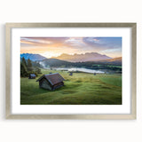 Extra large wall art featuring an abstract depiction of Bavarian scenery in muted earth tones on a framed canvas.