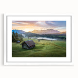 Textured art depicting abstract Bavarian landscape in muted earth tones on a framed white mat, ideal for bedroom ambiance.