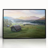 Large abstract wall art depicting Bavarian scenery in black and white tones on framed acrylic.