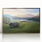 Art deco poster of Bavarian landscape in muted gold and blue tones on framed acrylic, suited for modern nursery wall decor.