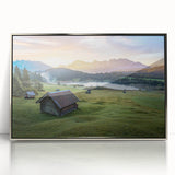 Large art print depicting a serene Bavarian landscape in muted earth tones on a silver-framed acrylic.