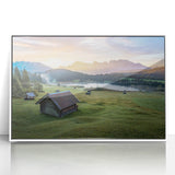 Mid-century modernist art of Bavarian landscape on framed acrylic, featuring muted earth tones, ideal for nursery wall art.