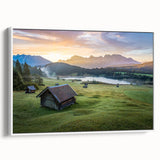 Vintage poster art of Bavarian scenery on extra large framed canvas, featuring colorful art against a black background.