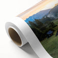 Art deco poster of Bavarian landscape, pastel shades on rolled canvas, ideal for nursery wall art.