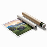 Extra large rolled print of a Bavarian landscape with vibrant green hues and floral elements.