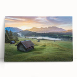 Black and white photograph of Bavarian landscape on stretched canvas, suitable as large kitchen art.