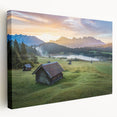 Large wall art of Bavarian landscape on stretched canvas, featuring lush greenery and a distant village.