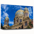 Acrylic print of a large abstract depiction of Berlin, using vibrant blues and greens, suitable for dining room decor.
