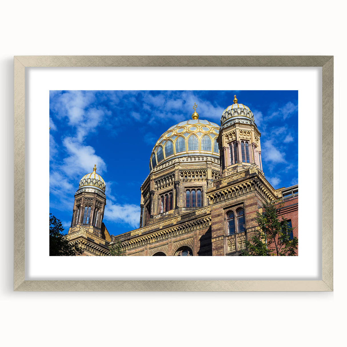Extra large abstract art print of Berlin scenery in textured silver frame, ideal for living room decor.