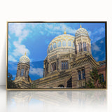 Art deco poster of Berlin skyline in muted gold and gray tones on framed acrylic, ideal for modern art wall decor.