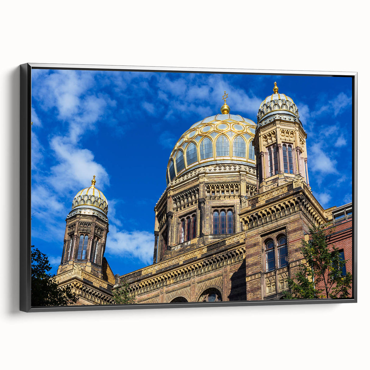 Black and white framed canvas of the Berlin skyline in vintage poster style, ideal for bedroom wall art.