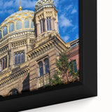 Extra large framed canvas featuring a textured depiction of the Berlin skyline in black with colorful art accents.
