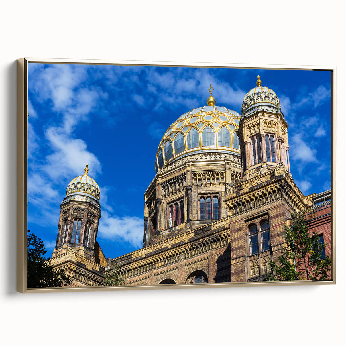 Framed canvas wall art featuring a vintage-style Berlin landscape in black and gold tones, ideal for bedroom decor.
