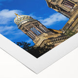 Art deco poster of Berlin skyline in muted gray and blue tones on rolled canvas, suitable for dining room wall art.