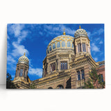 Black and white photographic print of the Berlin skyline on stretched canvas, suitable as large kitchen wall art.