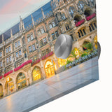 Large abstract wall art of Munich skyline in muted blue and gray on acrylic glass, ideal for dining room ambiance.