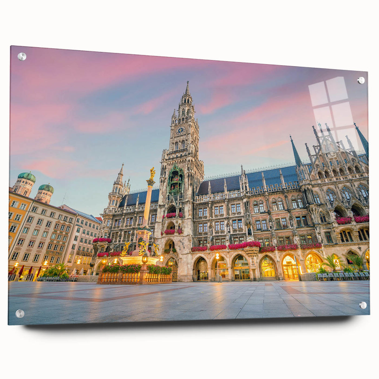Acrylic print of Munich skyline in muted blue and gray tones, suitable for bedroom or dining room decor.