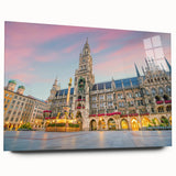 Large abstract wall art depicting Munich scenery in muted blue and gray tones on acrylic glass.