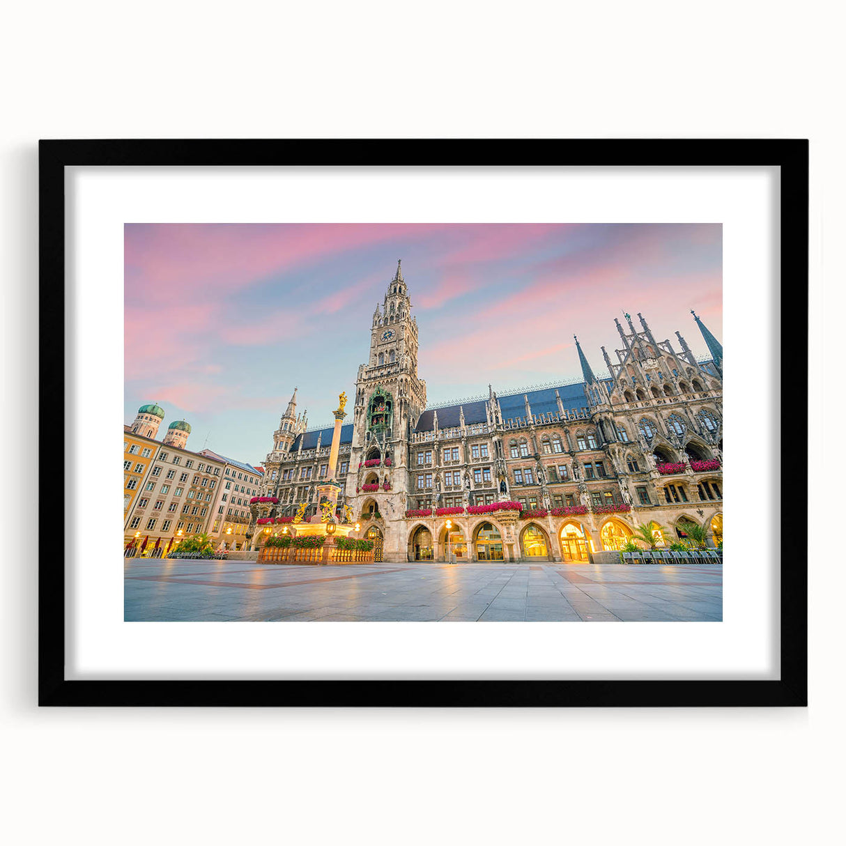 Extra large abstract art print depicting a colorful, textured Munich scenery on a framed black mat.