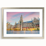 Extra large abstract art print of a textured Munich cityscape in muted gray tones, framed in silver.