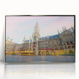 Large art print of a mid-century modernist Munich cityscape in muted colors on a framed acrylic.