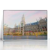 Mid-century modernist art depicting Munich scenery in muted colors on a white framed acrylic.